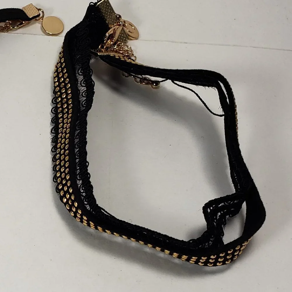 Set of 2 Chokers Gold tone Black Faux Leather Cord leaf charms, Women's Jewelry